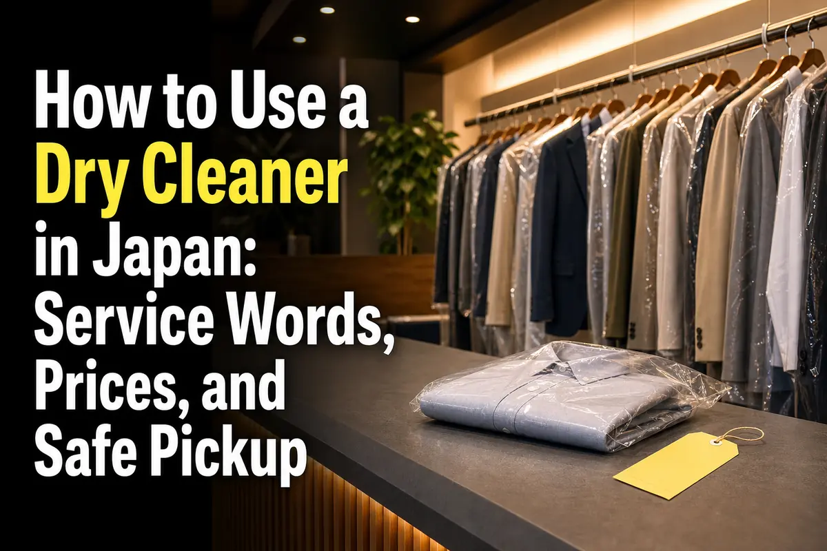 A dry-cleaning counter in Japan with pressed clothes and a claim ticket.