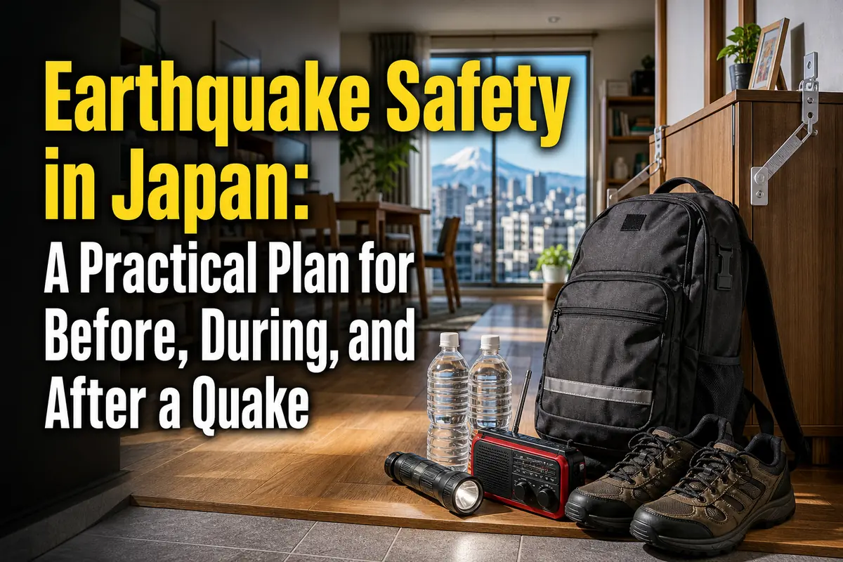 日本の住居に用意された地震用の避難バッグと防災用品。