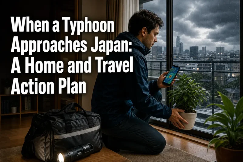 台風接近前に日本の住まいで防災準備を進める外国人居住者。