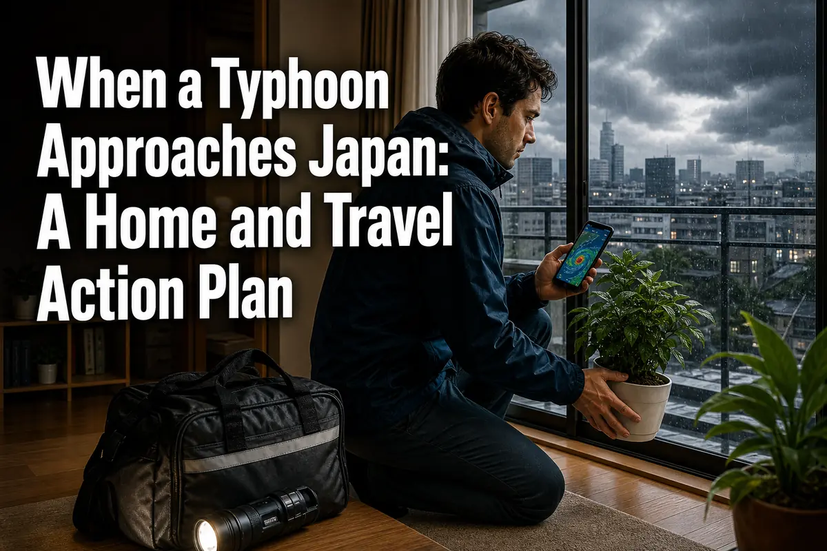 台風接近前に日本の住まいで防災準備を進める外国人居住者。