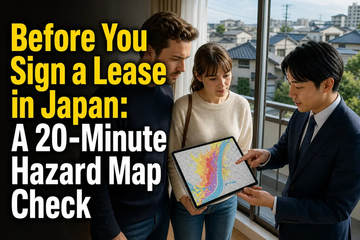 日本の賃貸物件でハザードマップを確認する外国人家族。