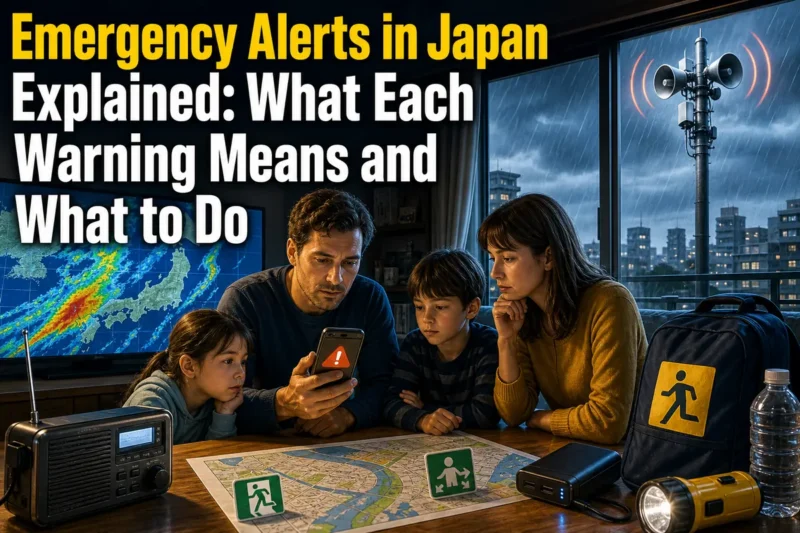 A family in Japan checks an emergency phone alert alongside several backup information sources.