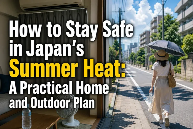 エアコンの効いた室内と暑い屋外で熱中症対策をする日本の夏の様子。