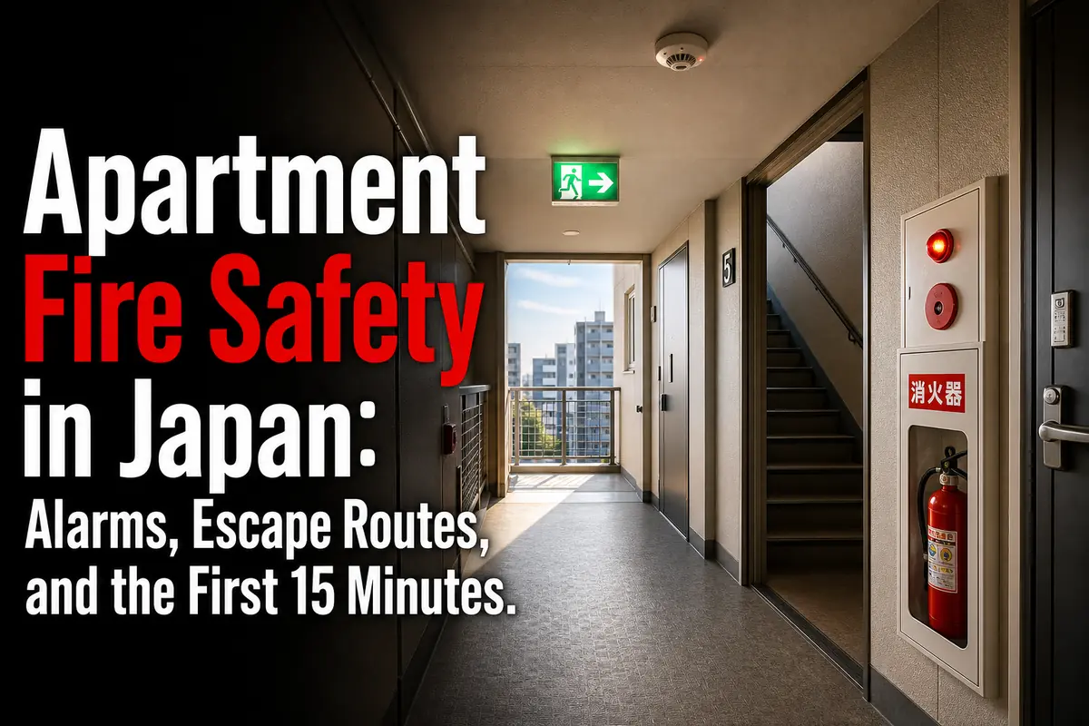 日本の集合住宅にある消火器と避難経路。