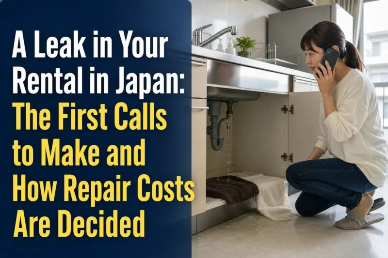 日本の賃貸住宅で水漏れを確認し、管理会社へ連絡する入居者。
