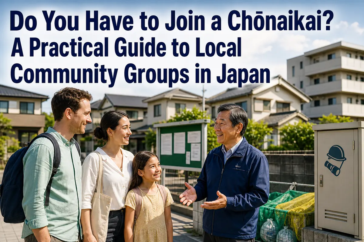 外国人家族が日本の住宅街で地域の案内を確認している様子。