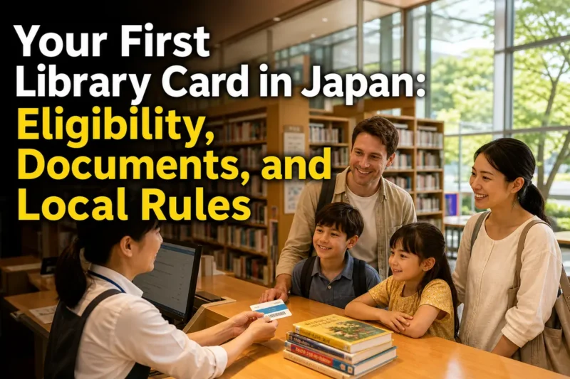 日本の公共図書館で外国人家族が司書から利用案内を受けている様子。