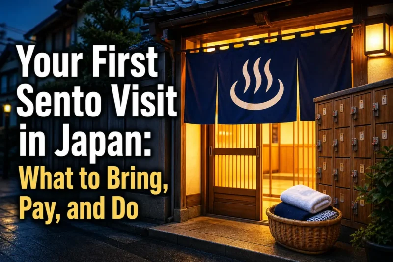 Warmly lit entrance to a neighborhood sento in Japan with towels prepared for bathing.