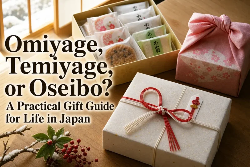 Three neatly wrapped Japanese gifts representing omiyage, temiyage, and oseibo.