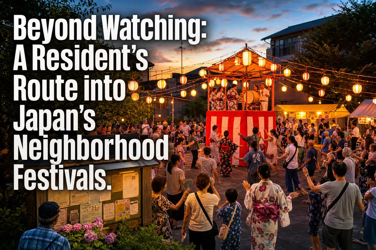 Foreign residents and local families join a lantern-lit neighborhood festival in Japan.