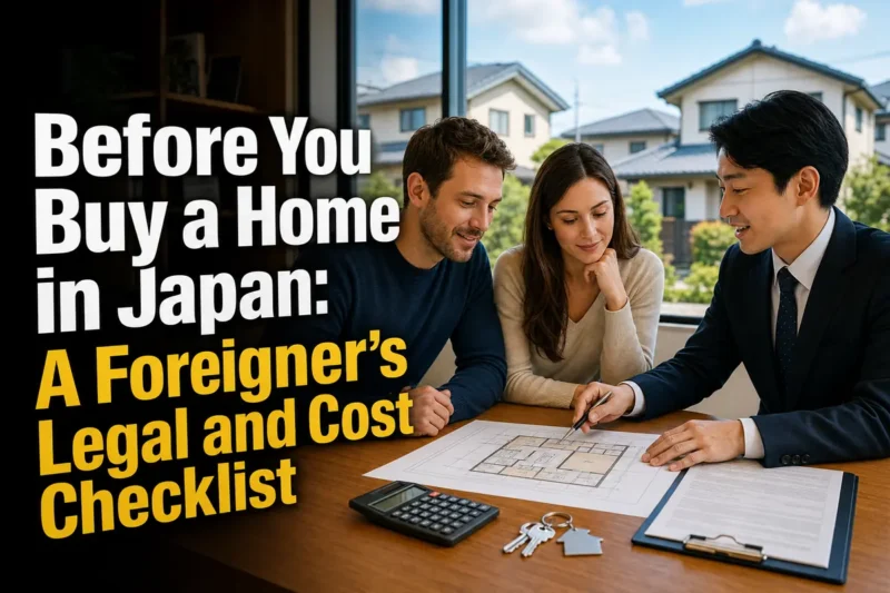 日本の住宅購入書類を不動産担当者と確認する外国人夫婦。