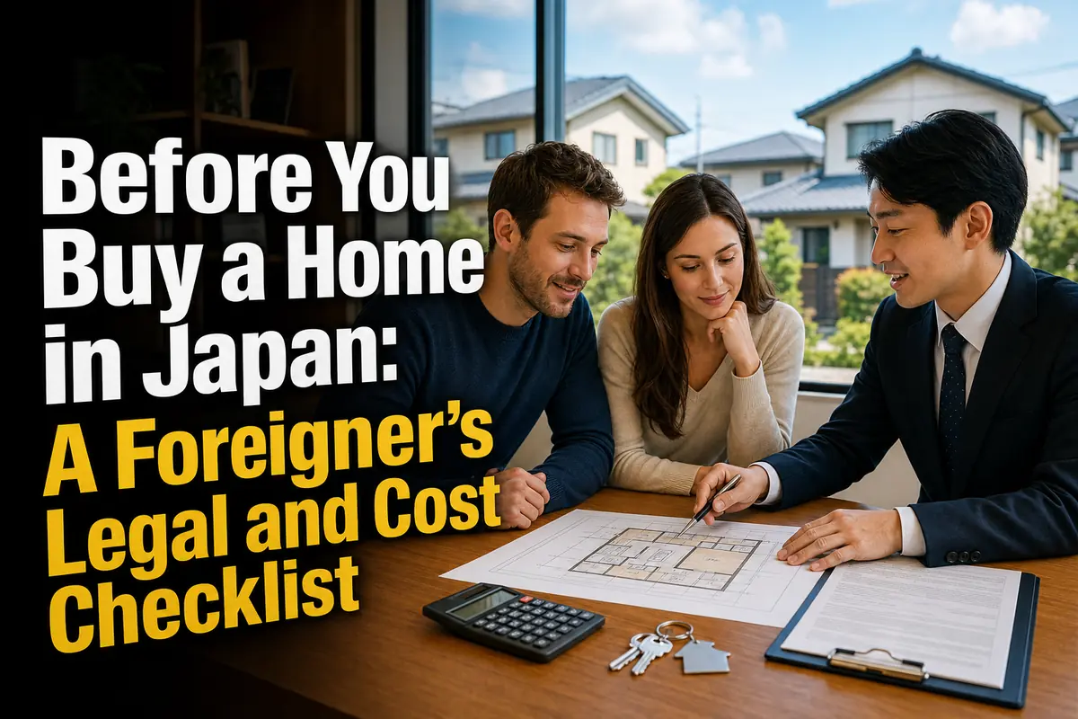 日本の住宅購入書類を不動産担当者と確認する外国人夫婦。