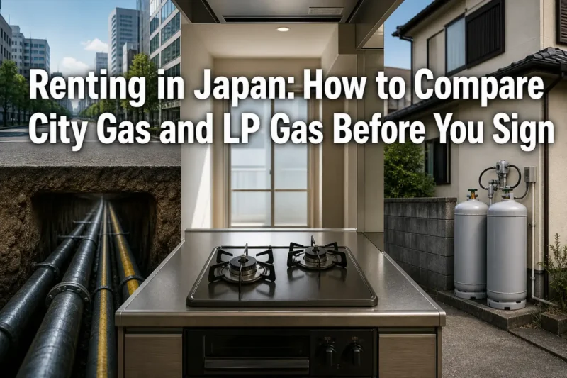 日本の賃貸住宅で都市ガスとLPガスの違いを示すキッチンと供給設備。