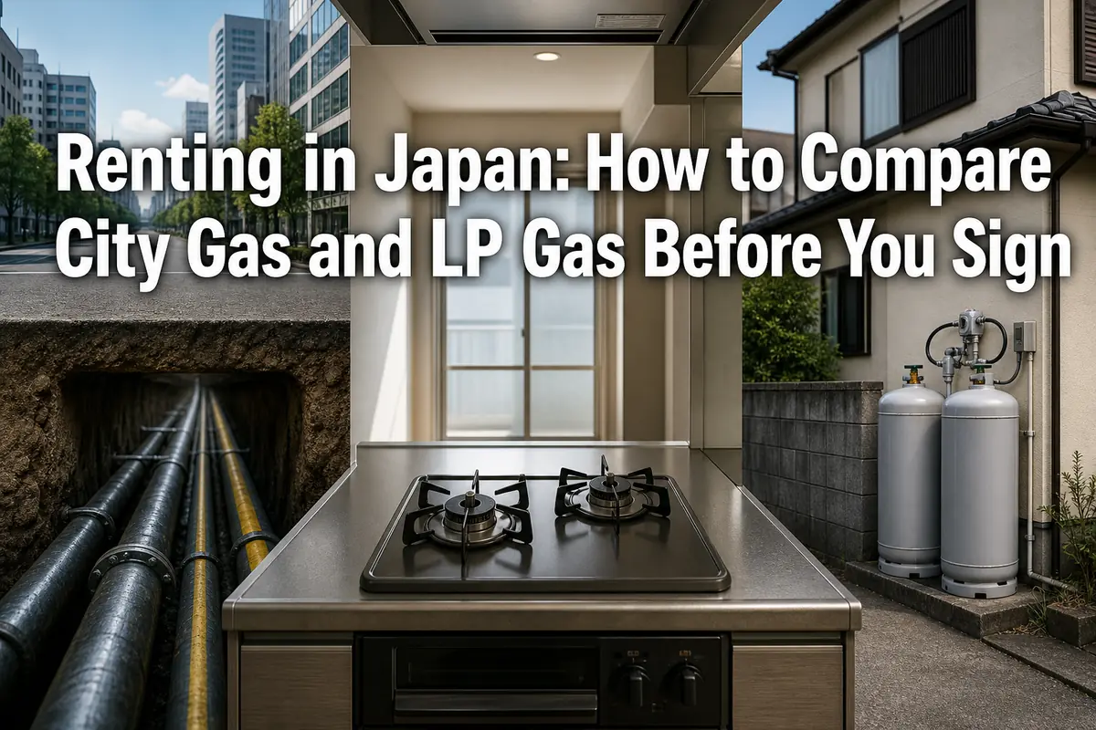 日本の賃貸住宅で都市ガスとLPガスの違いを示すキッチンと供給設備。