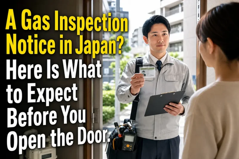 日本の住居で身分証を示すガス点検員と対応する住民。