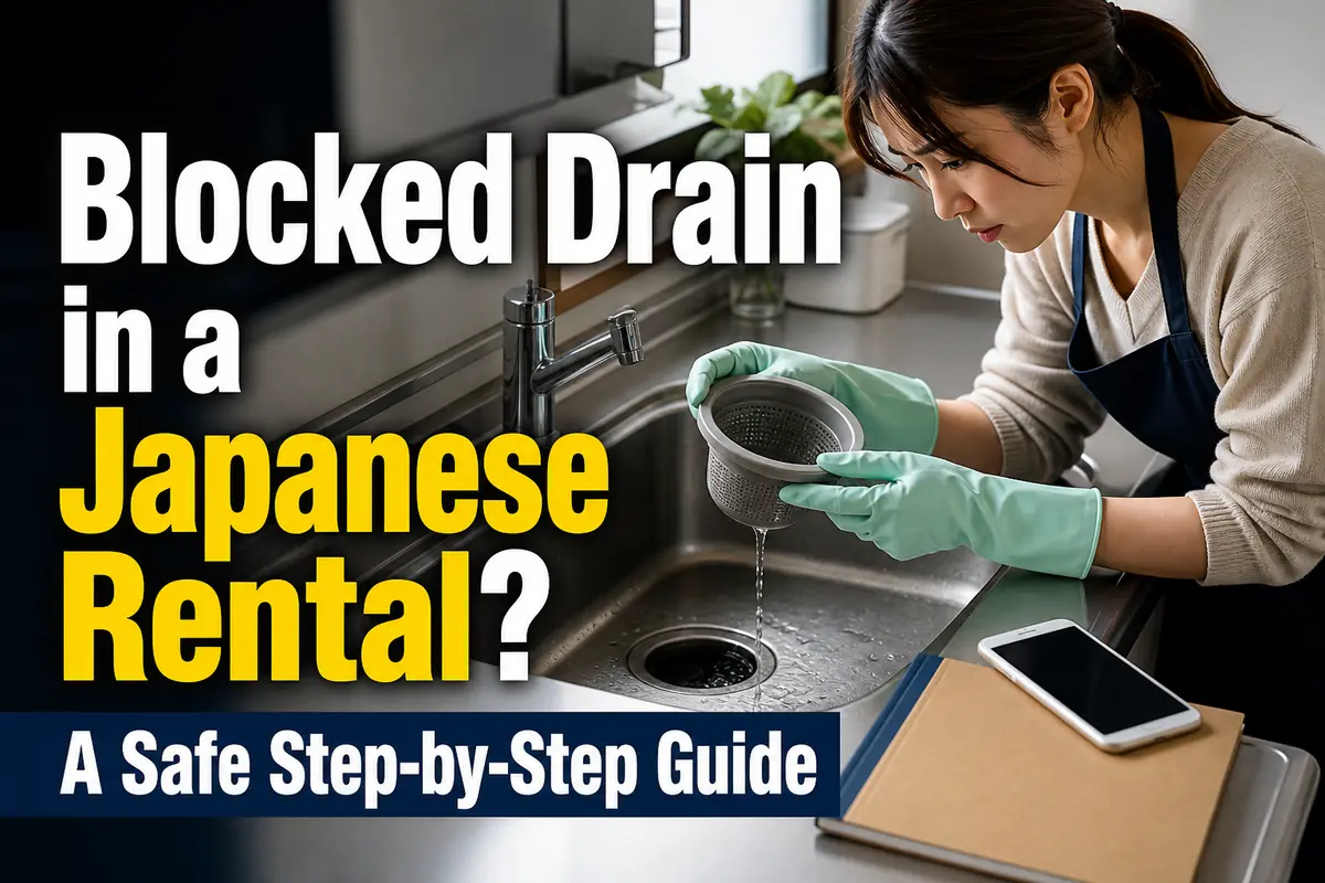日本の賃貸住宅で入居者がキッチンの排水口を安全に確認している。