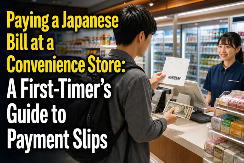 日本のコンビニで払込票と現金を用意して支払う利用者。