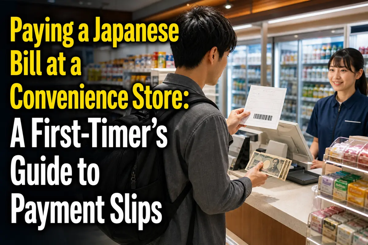 日本のコンビニで払込票と現金を用意して支払う利用者。