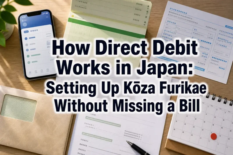 日本の銀行口座から家賃や保険料を支払うための書類とスマートフォン。