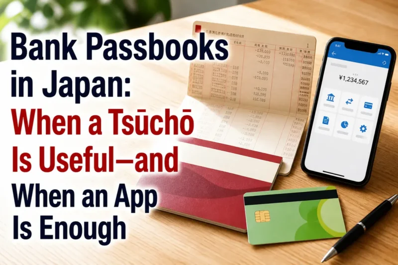 A Japanese bank passbook, smartphone, and cash card arranged on a desk.