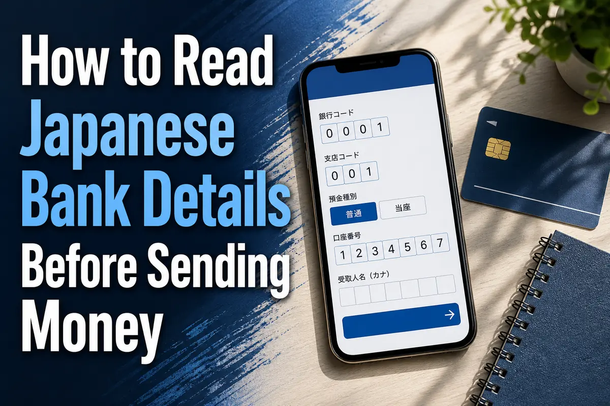 日本の銀行振込に必要な口座情報をスマートフォンで確認する様子。