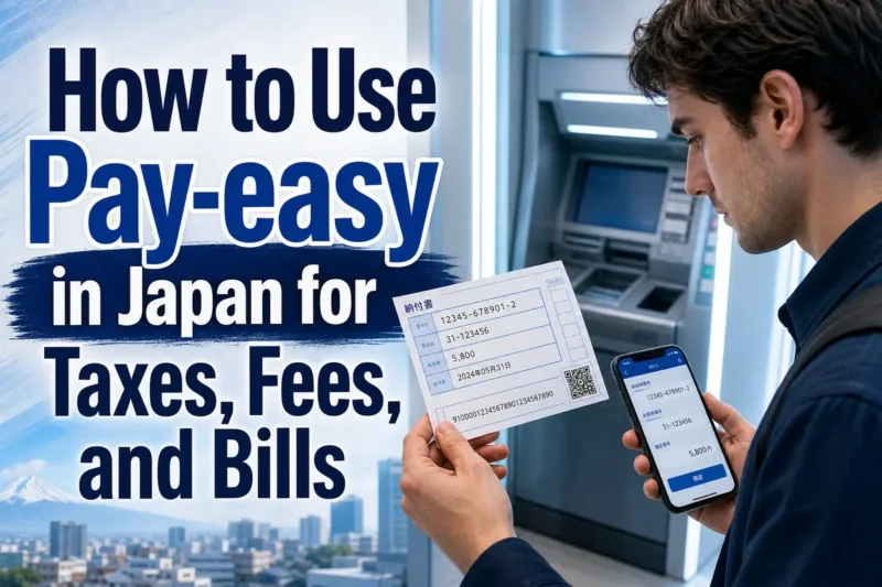 A resident checks a Japanese payment notice while using online banking beside an ATM.