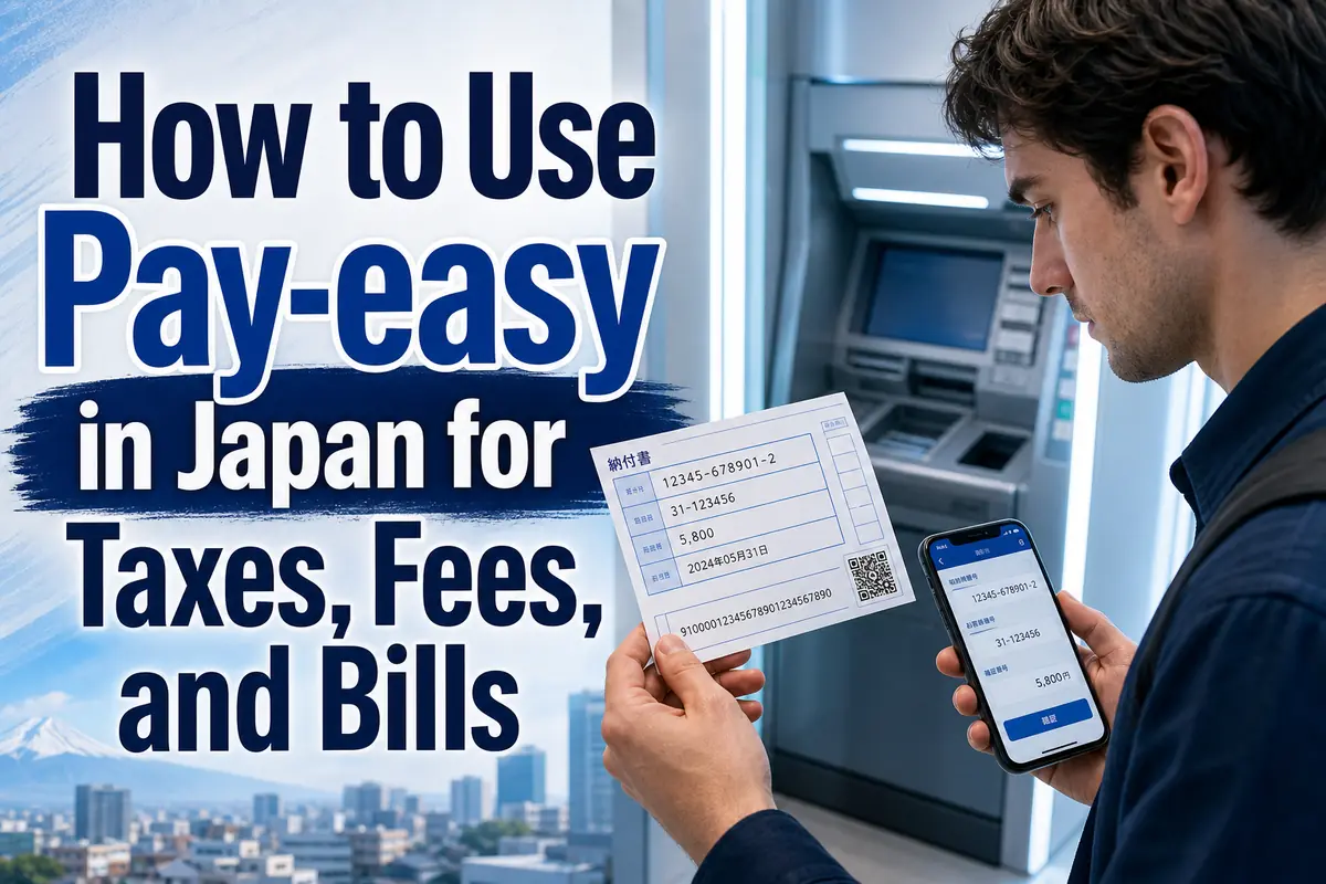 A resident checks a Japanese payment notice while using online banking beside an ATM.