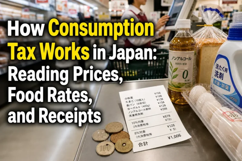 日本のスーパーで食品と日用品のレシートを確認する場面。