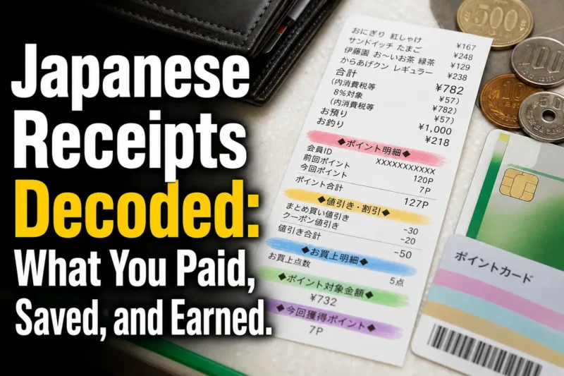 日本の買い物レシートと現金・カードを並べたイメージ。