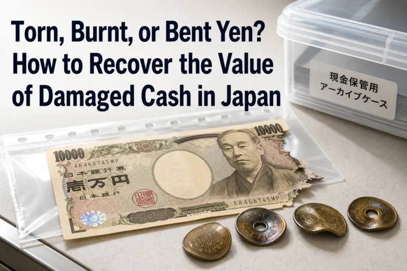 損傷した日本円の紙幣と硬貨を交換手続きに備えて保護している様子。