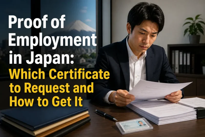 日本の雇用証明書類を机の上で確認する外国人会社員。