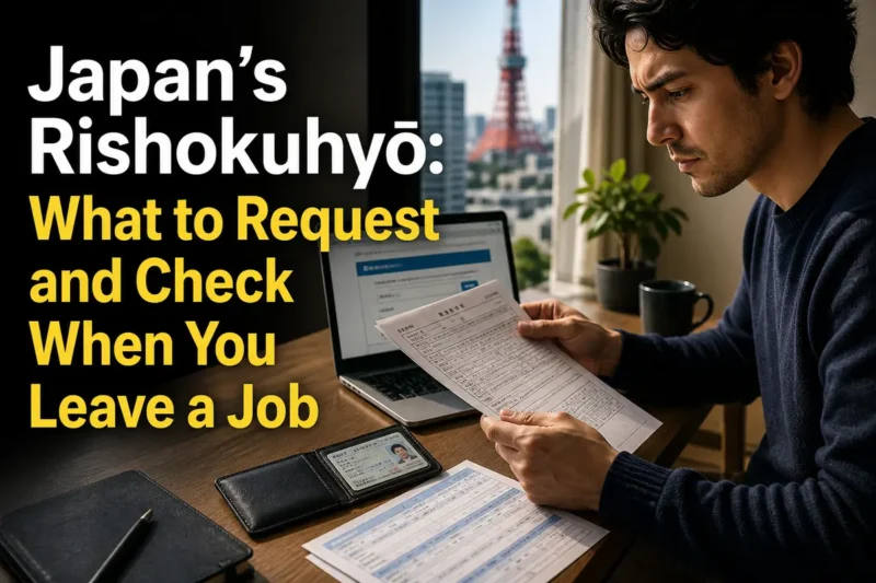 日本で退職後の雇用保険書類を確認する外国人労働者。