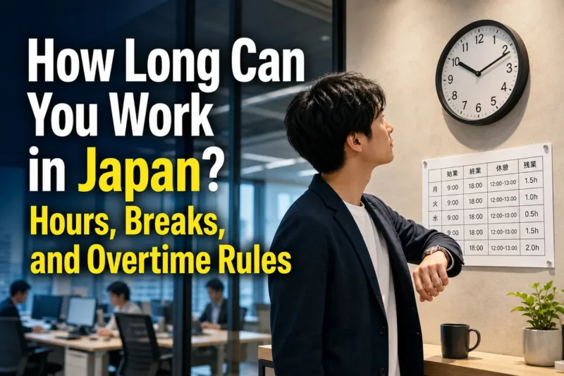 日本の職場で従業員が時計と勤務予定を確認している様子。