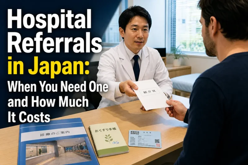 A doctor at a Japanese clinic gives a hospital referral document to a foreign resident.