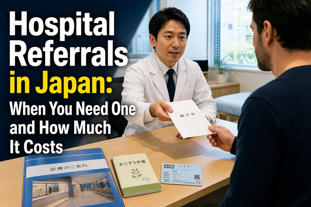 A doctor at a Japanese clinic gives a hospital referral document to a foreign resident.