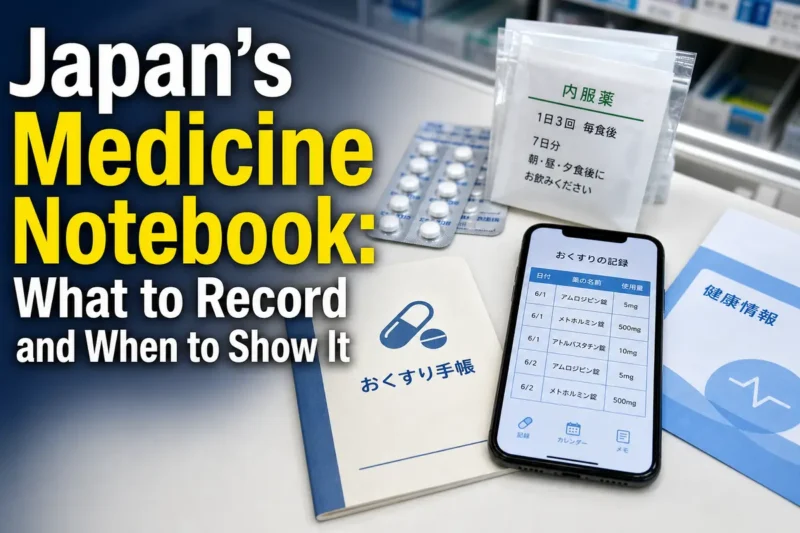 日本の薬局カウンターに、お薬手帳と処方薬、電子版を表示したスマートフォンが並んでいる。