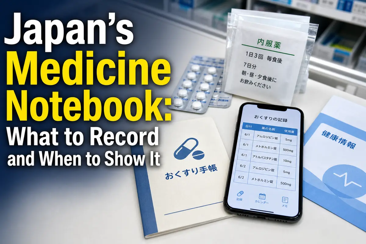 日本の薬局カウンターに、お薬手帳と処方薬、電子版を表示したスマートフォンが並んでいる。