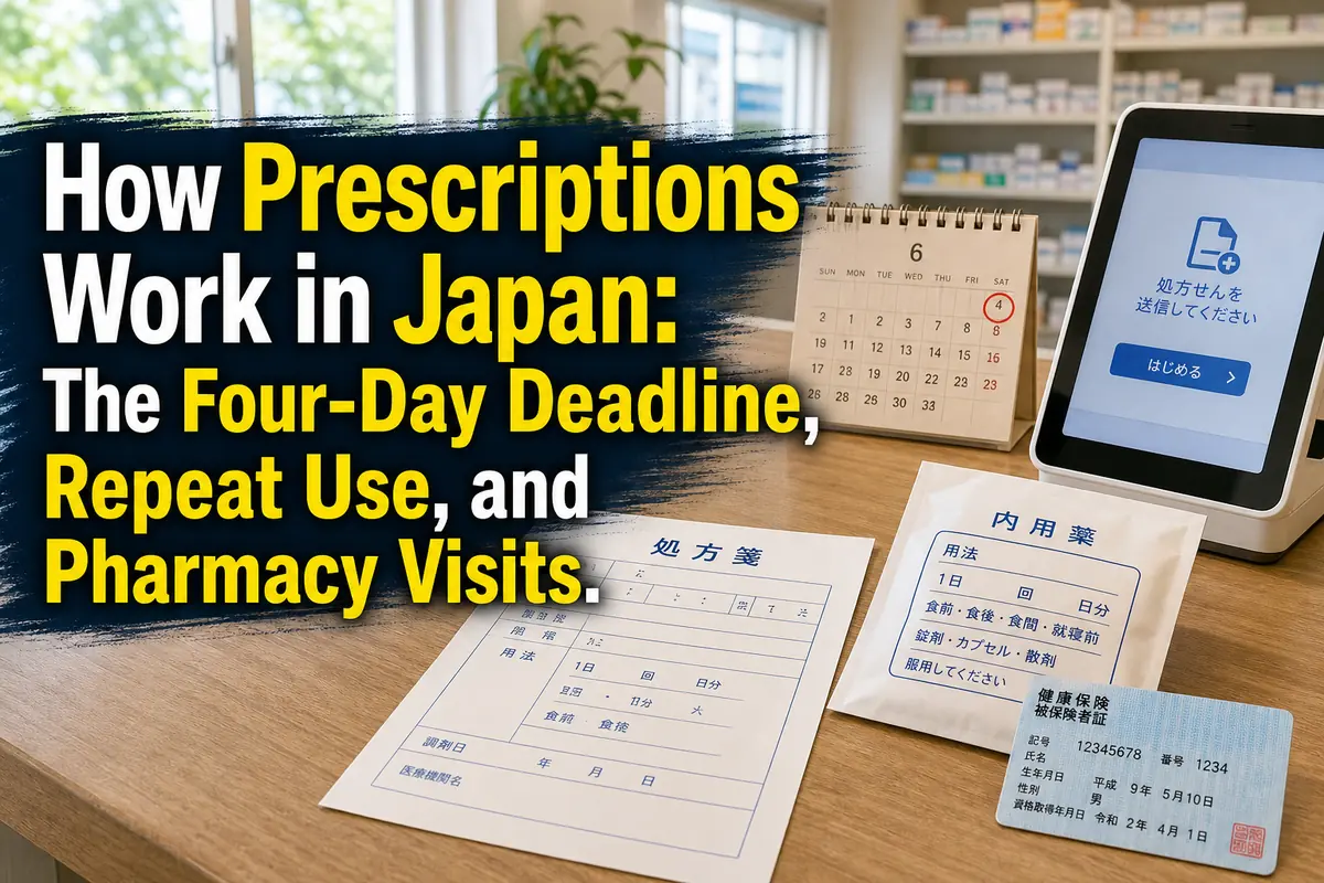 日本の薬局カウンターに処方箋とカレンダー、薬の袋が置かれている。