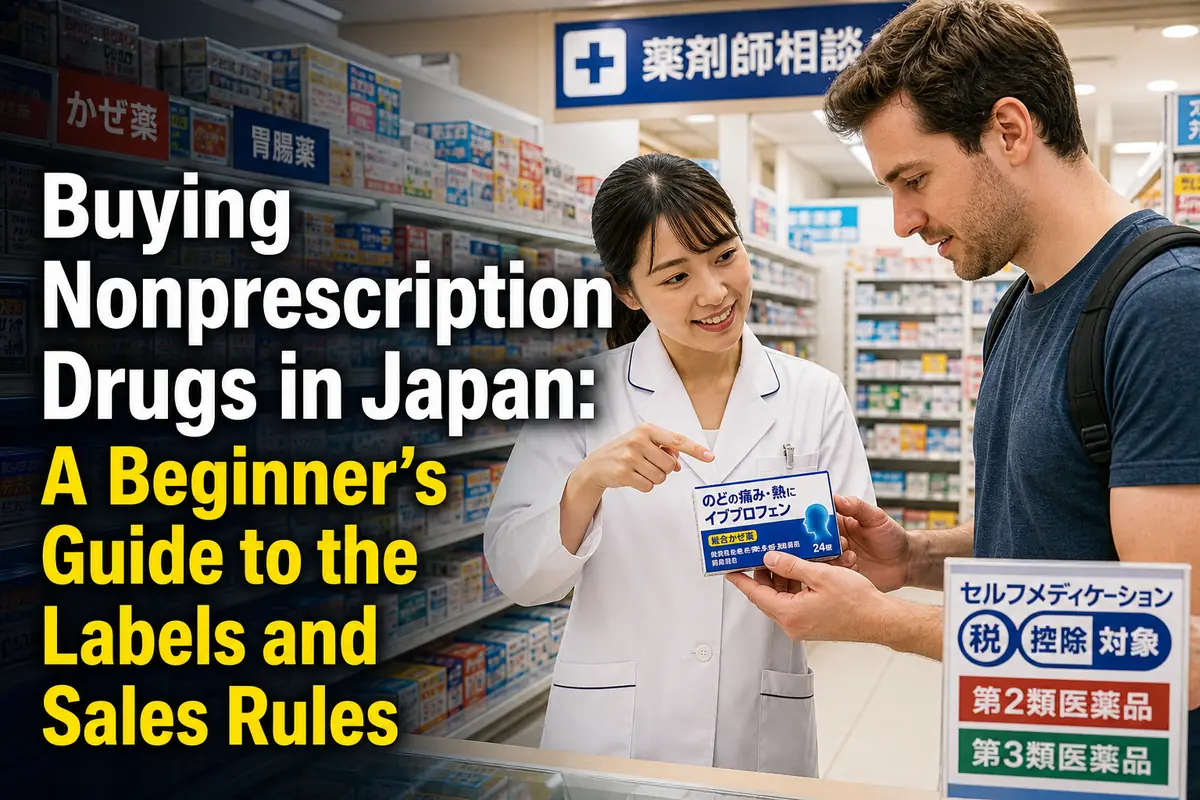 日本のドラッグストアで薬剤師に市販薬について相談する外国人客。
