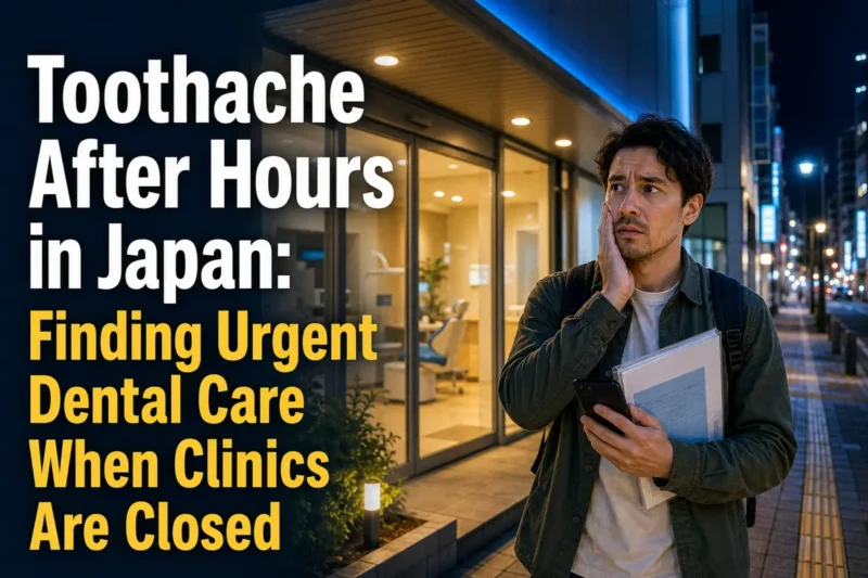 夜間に日本の歯科クリニックを探す外国人居住者。