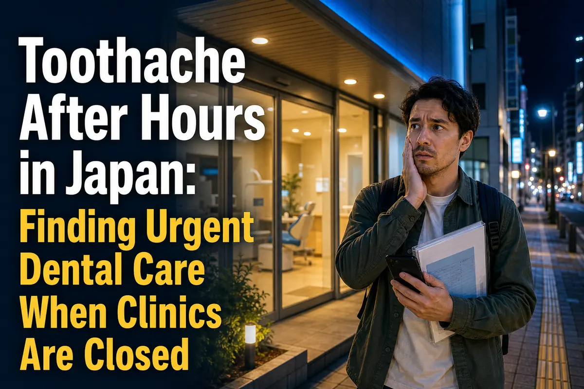 夜間に日本の歯科クリニックを探す外国人居住者。