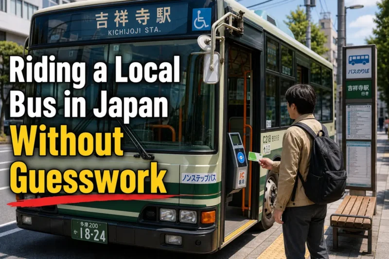 日本の路線バスの乗車口でICカードを準備する利用者。