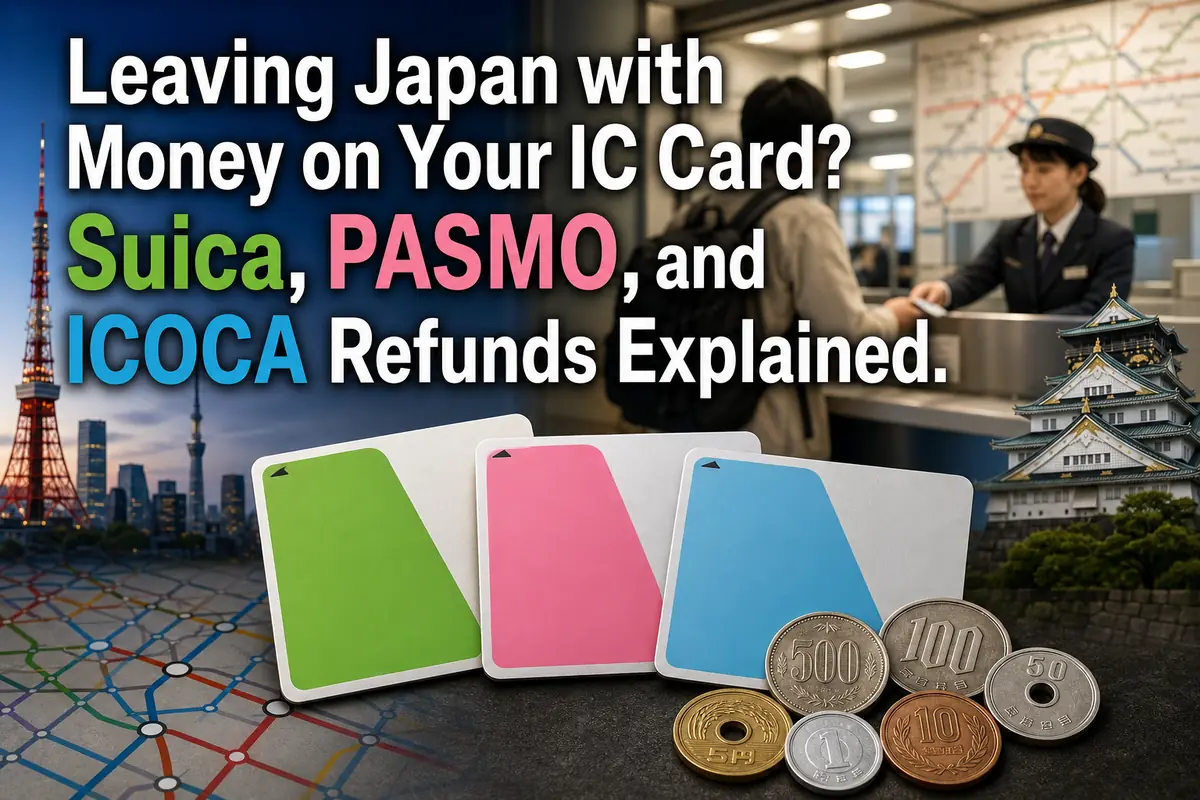 日本の交通系ICカードと硬貨を駅窓口の前に並べたイメージ。