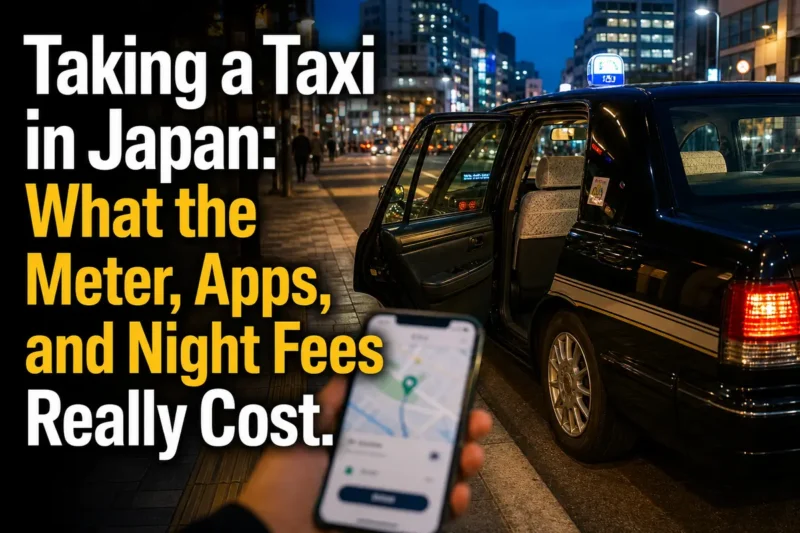 夜の日本の街角で乗客を待つタクシーと配車アプリ。