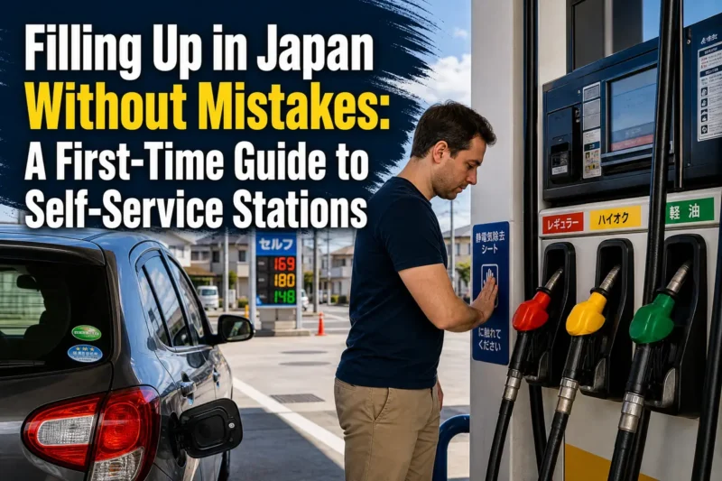 日本のセルフ式ガソリンスタンドで給油手順を確認するドライバー。