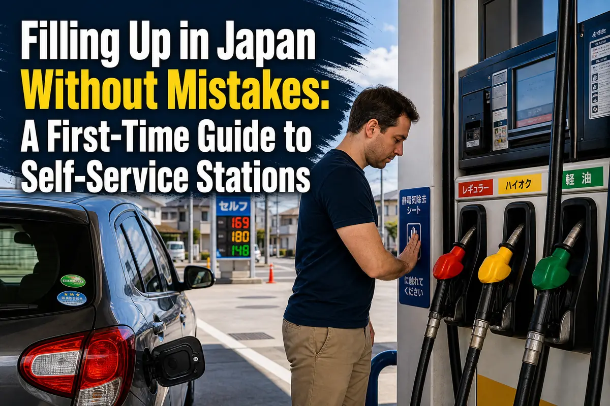 日本のセルフ式ガソリンスタンドで給油手順を確認するドライバー。