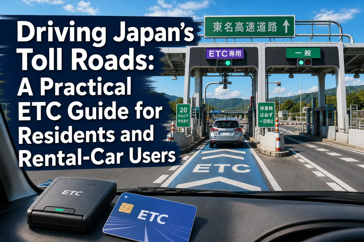 日本の高速道路料金所へ向かうレンタカーとETC車載器。