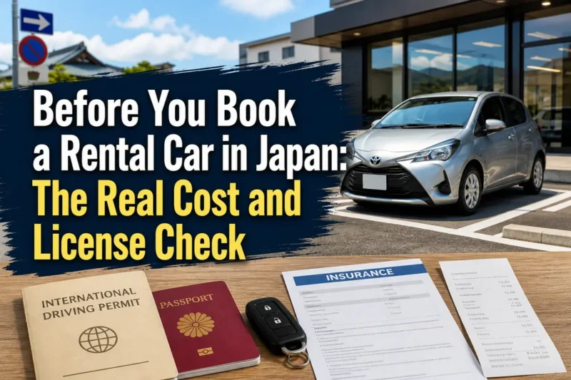日本のレンタカー営業所で免許書類と費用明細を確認する様子。