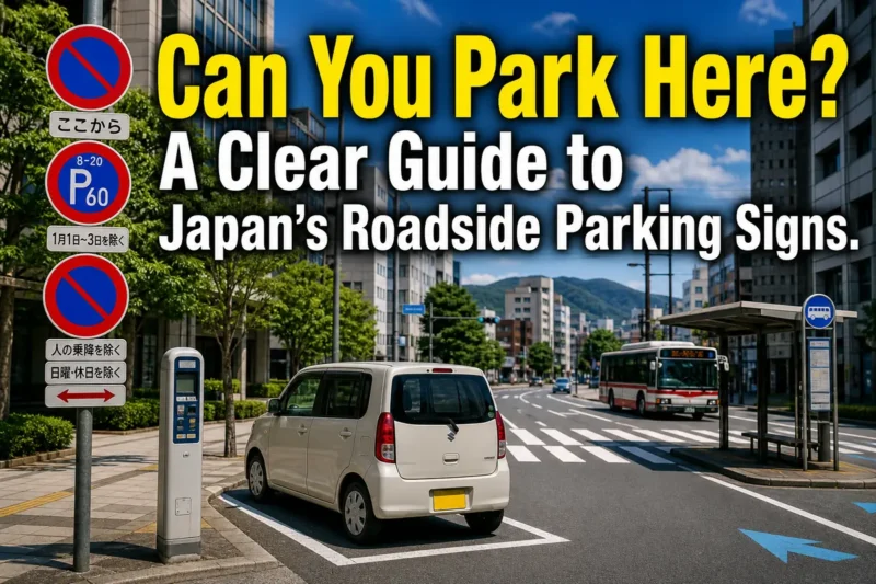 日本の道路で駐車標識と区画を確認する車のイメージ。