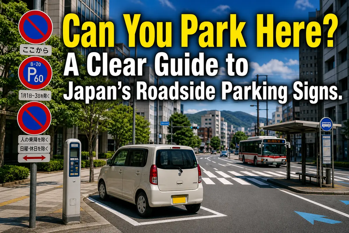日本の道路で駐車標識と区画を確認する車のイメージ。